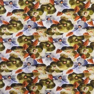 Bomuldsjersey økotex m/digitalt tryk med blomster i offwhite gul brun koral - Bomuldsjersey digitalprint