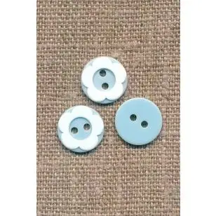 Lyseblå/aqua knap med hvid blomst, 12 mm. - Børneknapper