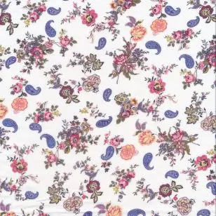 Let Bomulds-voil i hvid med blomster og sjalsmønster - Div mønstret bomuld