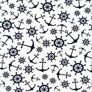 Bomuldsjersey med sailer i knækket hvid og marine - Bomuldsjersey mønstret