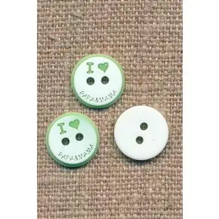 2-huls knap i hvid/lysegrøn, I love papa & mama, 12,5 mm. - Knapper Grøn, gul og orange