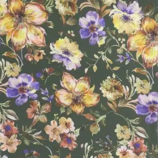 100% viskose twill-vævet i army-grøn med blomster - Viscose Fastvævet