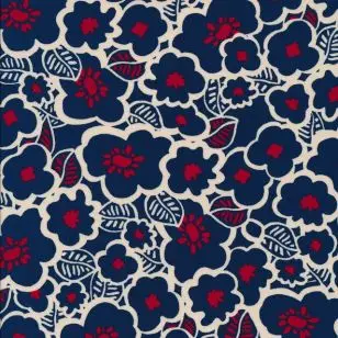 Polyester digitalprint blomstret i blå, rød, offwhite - Tilbud metervare