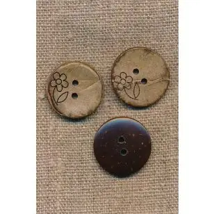 2-huls Kokos knap med blomst, 22 mm. - Træ- og Horn-knapper