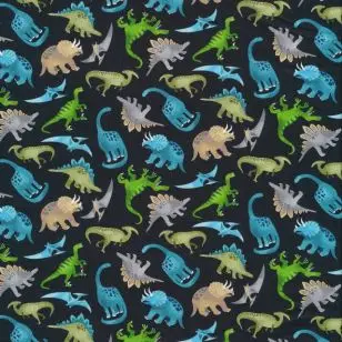 Afklip Patchwork stof i sort med dinosaurus i mini, 50x55 cm. - 