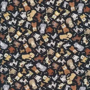 Afklip Patchwork stof i sort med hunde i mini, 50x55 cm. - 