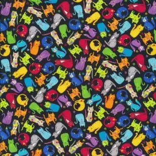 Afklip Patchwork stof i sort med katte i mini, 50x55 cm. - Afklip patchwork