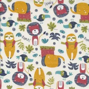 Bomulds poplin med dyr i offwhite, carry, rust - Bomuld med dyr