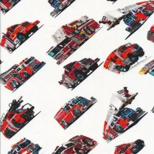Afklip Bomuld/lycra økotex m/digitalt tryk i hvid med brandbiler 40x60 cm. - Afklip og Forstykker