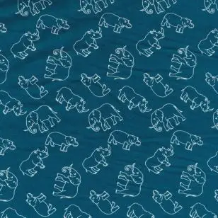 Poplin i mørk petrol med elefant, næsehorn, flodhest - Bomuld med dyr