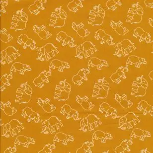 Poplin i carry med elefant, næsehorn, flodhest - Bomuld med dyr