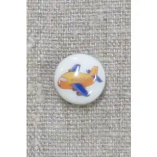 Rund knap i hvid med flyvemaskine - Børneknapper