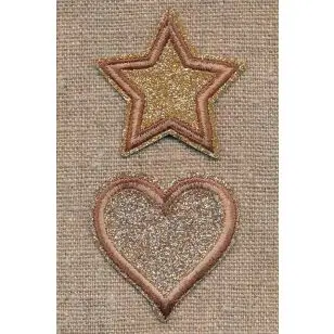 2 Motiver med hjerte og stjerne i glimmer i guld-brun - Blomster, stjerner og sløjfer