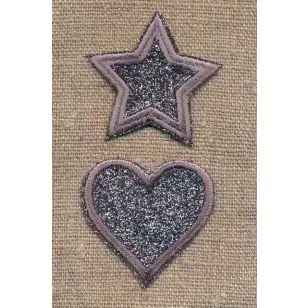 2 Motiver med hjerte og stjerne i glimmer i grå-brun - Blomster, stjerner og sløjfer