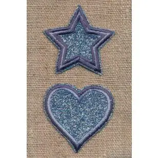2 Motiver med hjerte og stjerne i glimmer i grå-blå - Blomster, stjerner og sløjfer