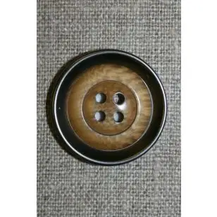 4-huls knap i plast med lys træ og gl.sølv-look 28 mm. - Guld-, sølv- og metalknapper