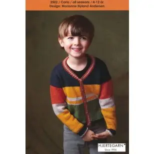 2502 Carlo - Cardigan med striber str. 4-12 år. - Strikopskrifter Børn
