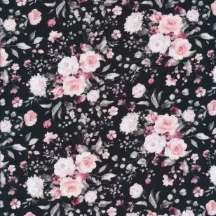 Fast bomuld med digitalt tryk i sort med lyserøde roser - Blomstret bomuld