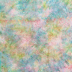 Patchworkstof batik med cirkler i aqua, irgrøn, orange og pink. - Patchworkstof