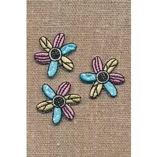 3 blomster - i lys turkis-lys gul-rosa - Blomster, stjerner og sløjfer