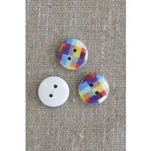 Knap træ rund hvid med tern i blå, rød, gul 15 mm. - Knapper Blå, turkis og petrol