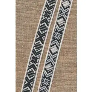 Vævet bånd med stjerne og striber i hvid og sort 16 mm. - Gjordbånd, bændel og sportsbånd