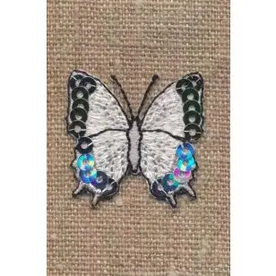 Strygemærke med hvid sommerfugl med pallietter - Dyr