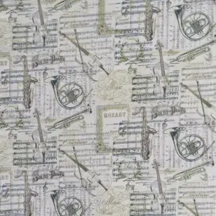 Afklip Patchwork stof med Music i offwhite, grå, guld, 50x55 cm. - Afklip patchwork