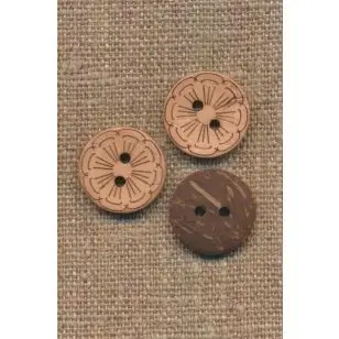 Kokos knap i lys laks med blomst, 18 mm. - Træ- og Horn-knapper