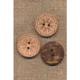 Kokos knap i lys laks med blomst, 22 mm. - Træ- og Horn-knapper
