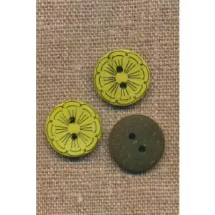 Kokos knap i lime med blomst, 18 mm. - Træ- og Horn-knapper