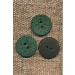 Kokos knap i flaskegrøn med blomst, 22 mm. - Træ- og Horn-knapper
