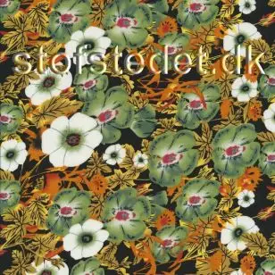 Let 100% viscose blomstret i sort, hvid, oliven, lysegrøn og gul - Viscose Fastvævet