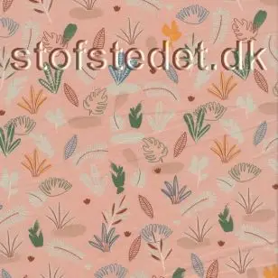 Bomuld/lycra økotex i pudder-rosa med blade og siv - Bomuldsjersey mønstret