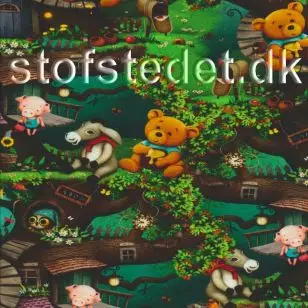 Afklip Bomuldsjersey økotex m/digitalt tryk i skov med bamse .40x60 cm. - Afklip og Forstykker