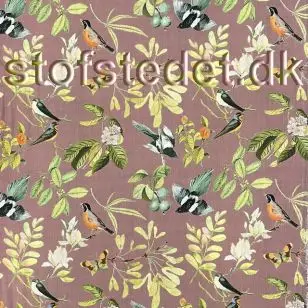 Viscose/polyamid med fugl og blad, i støvet lyng - Viscose Fastvævet