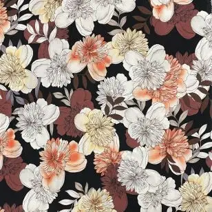 Crepé viscose med blomster i sort, rust, lysegul, koral - Tilbud metervare