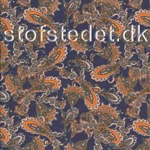 Bomulds poplin i mørkeblå med paisley mønster i creme og orange. - Div mønstret bomuld
