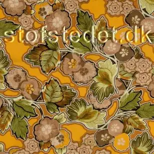 100% viskose poplin blomstret i gul, kahki, beige og grøn. - Viscose Fastvævet