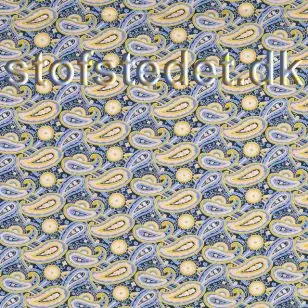 Bomulds poplin i petrol med sjalsmønster i blå, gul, hvid og grøn. - Div mønstret bomuld