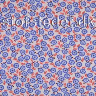 Bomulds jersey i hvid med blå og koral blomster - Bomuldsjersey mønstret