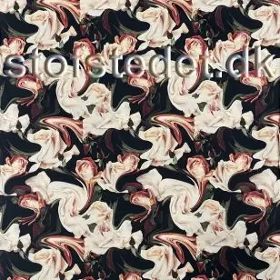 Bomulds poplin i digital print med roser  i sort, offwhite,rosa, bordeux og grøn. - Blomstret bomuld