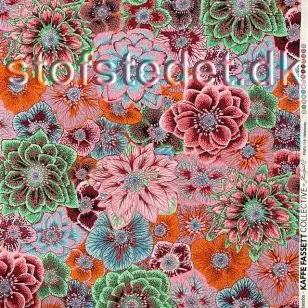 Patchwork stof med store blomster  i grøn, orange, lyserød - Kaffe Fassett - Patchworkstof
