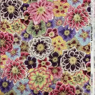 Afklip Patchwork stof med store blomster  i pink, aqua, gul - Kaffe Fassett 50x55 cm. - Afklip patchwork