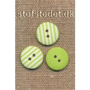 2-farvet 2-huls Knap stribet lime, hvid. 15mm. - Knapper Grøn, gul og orange