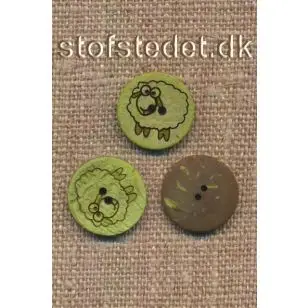 2-huls Kokos knap med får i lime, 15 mm. - Træ- og Horn-knapper