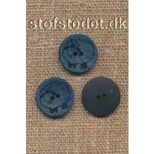 2-huls Kokos knap med får i blå, 15 mm. - Træ- og Horn-knapper