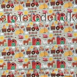Bomuld/lycra økotex m/digitalt tryk i lysegrøn med bondegår og dyr - Bomuldsjersey børneprint