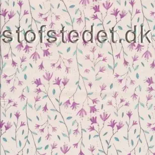 Bomuldsi digital print med blomster, i sart rosa, cerisse, vandgrøn - 