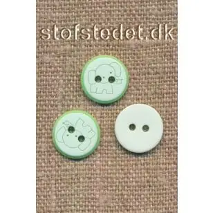 Knap med elefant, i hvid og lysegrøn, 12½ mm. - Børneknapper